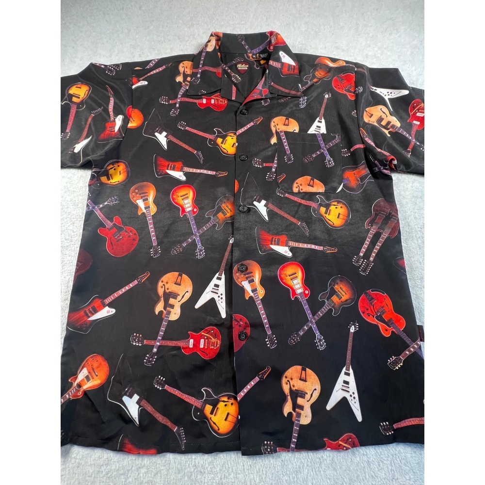 Gibson Tour Wear Mens XL Black Guitar Print Short Sleeve Button Down Shirt Rock
